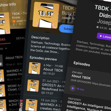 Podcast RSS feed showing a pinned episode entry visible across Spotify, Apple Podcasts, and Pocket Casts