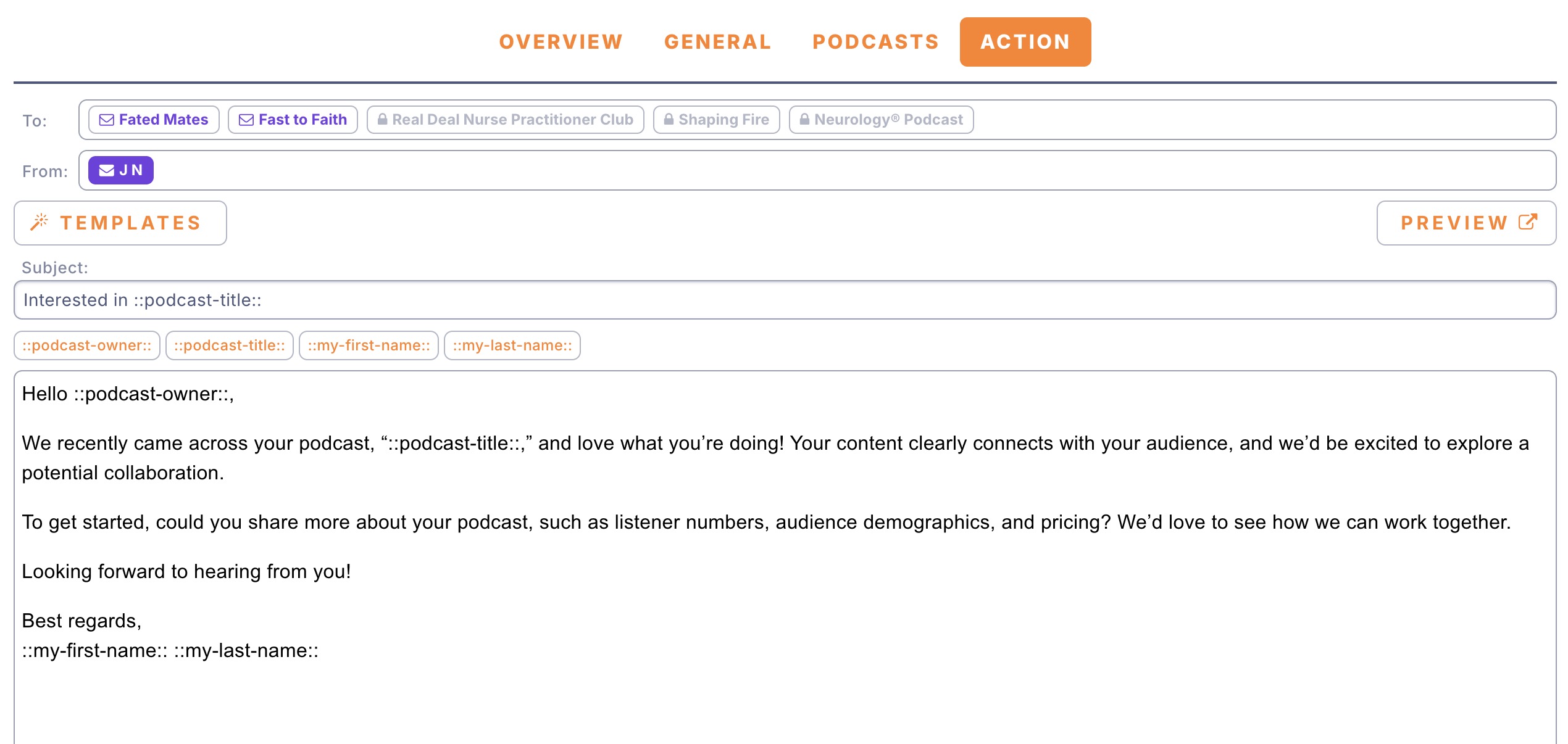 Batch email sending interface for podcast outreach