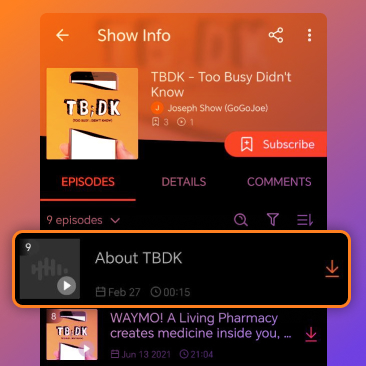 Sonoday pinned podcast page entry at the top of a podcast show page in a mobile podcast app
