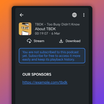 Podcast episode description with custom sponsor links and social media links shown in a podcast app
