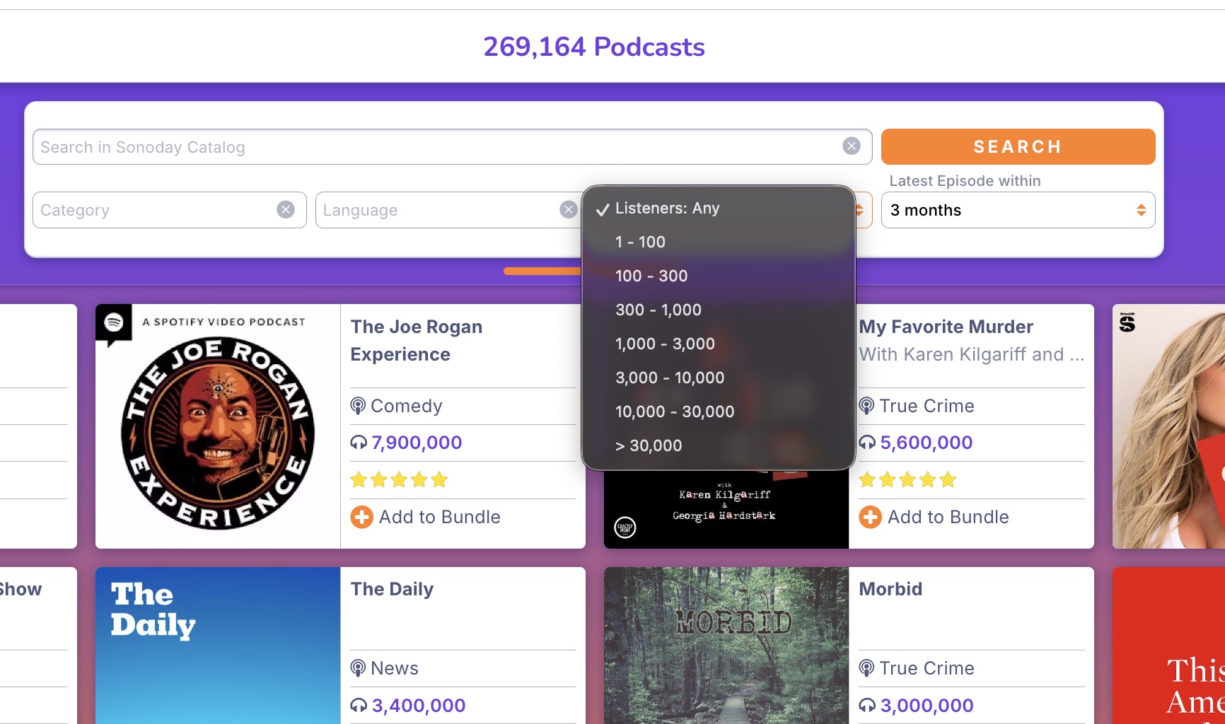 Filtering the Sonoday podcast database by audience size to build a targeted shortlist