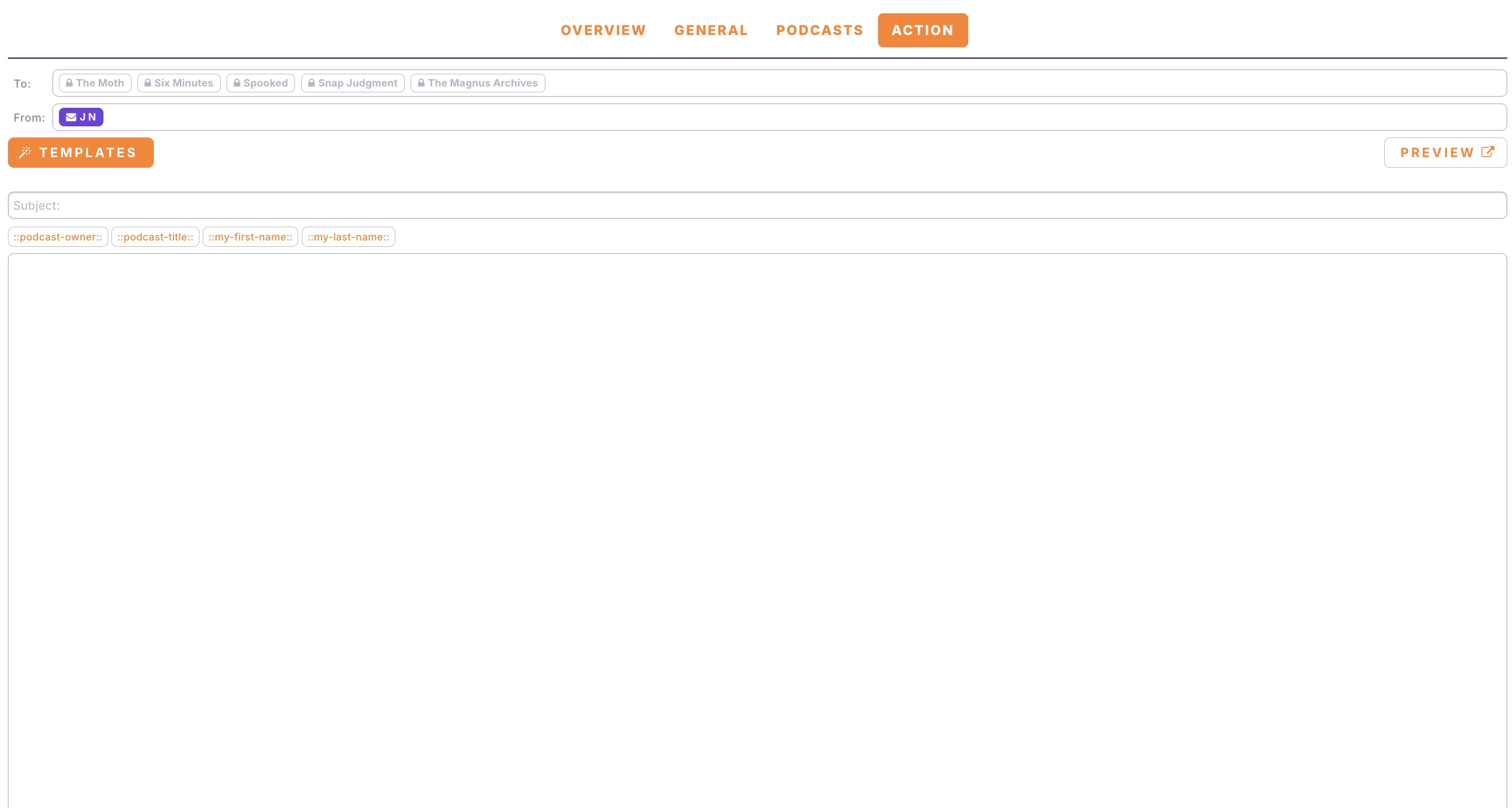 Composing a batch outreach email to multiple podcasts at once with merge-tag templates