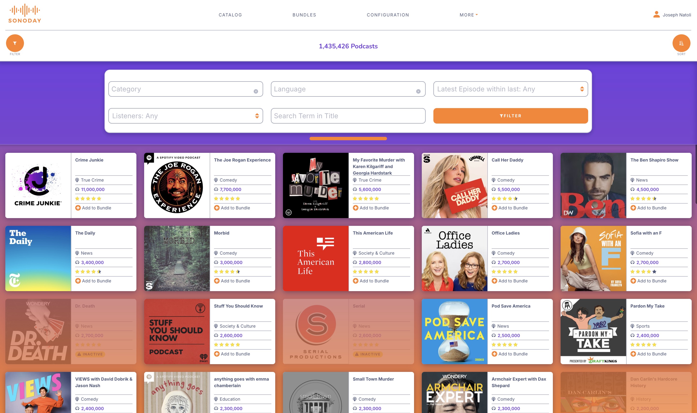 Podcast catalog search interface showing filters and results