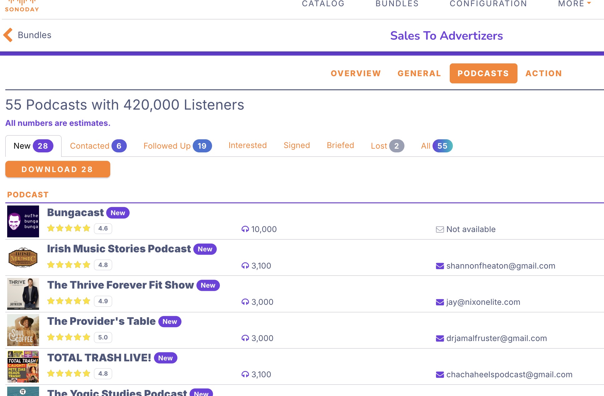 Built-in CRM view tracking podcast contact status: new, contacted, followed up, interested, and signed