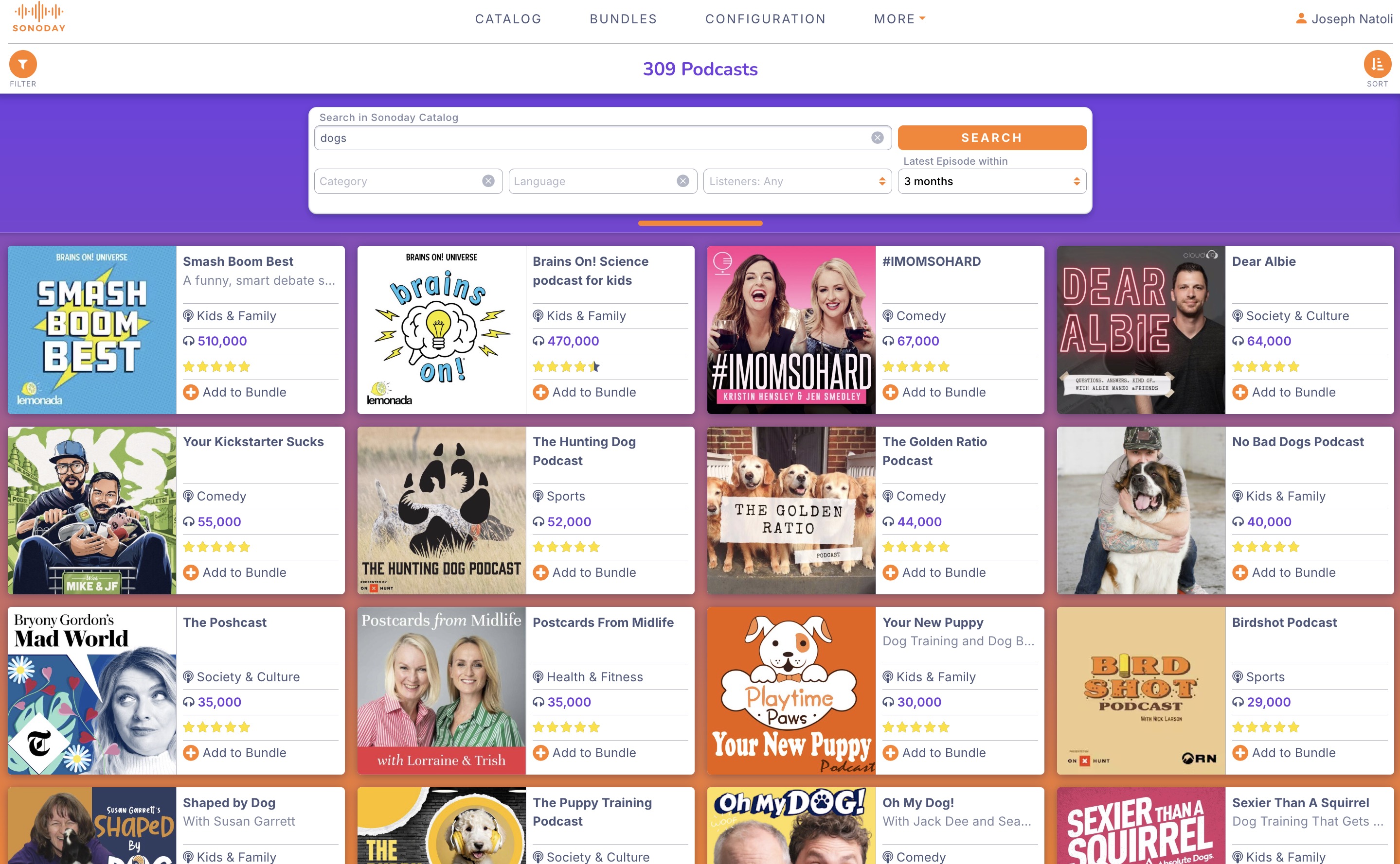 Sonoday podcast database search results filtered by keyword, category, language, and listener count