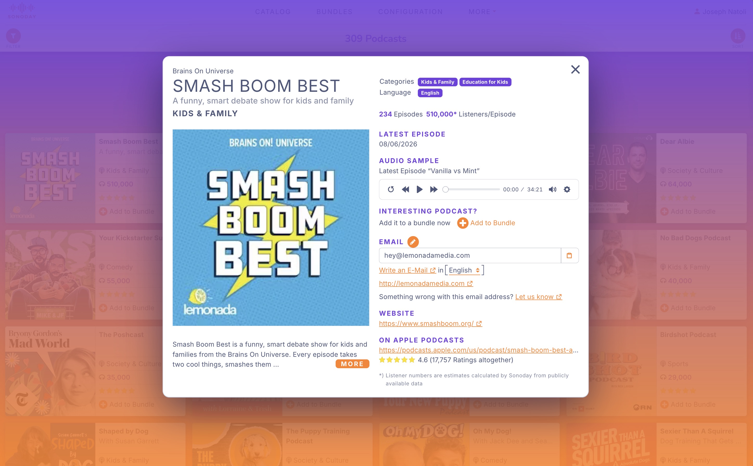 Podcast profile card showing categories, language, episode count, contact email, and Apple Podcasts rating